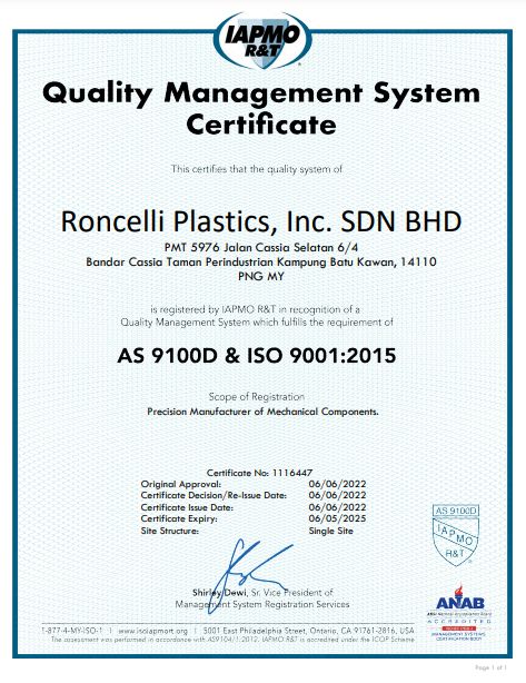 Roncelli Plastics Malaysia Achieves Major Milestone – AS9100D & ISO 91001:2015 certifications 